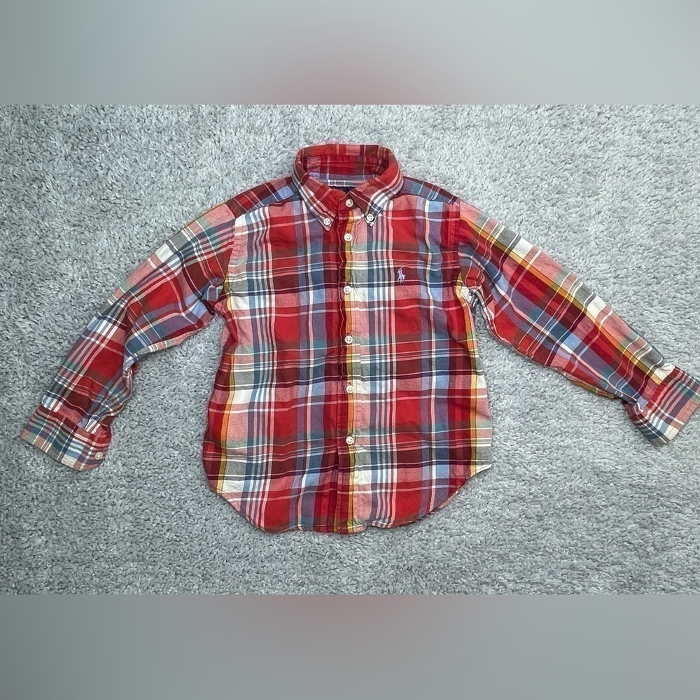 Ralph Lauren Shirt Boys 4 Madras Plaid Long Sleeve Button Down Casual Blue Pony